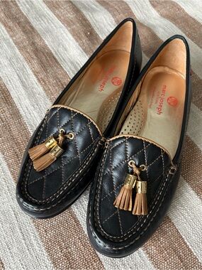 Marc Joseph Black Quilted Leather Tassel Loafers with Tan Accents